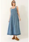 Rochie maxi din denim  guler patrat - albastra - material de bumbac