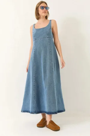 Rochie maxi din denim  guler patrat - albastra - material de bumbac