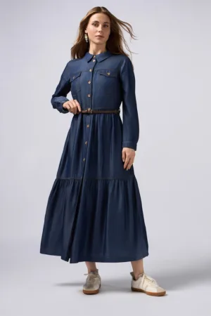 Rochie maxi din lyocell cu buzunare cu clapa pe piept