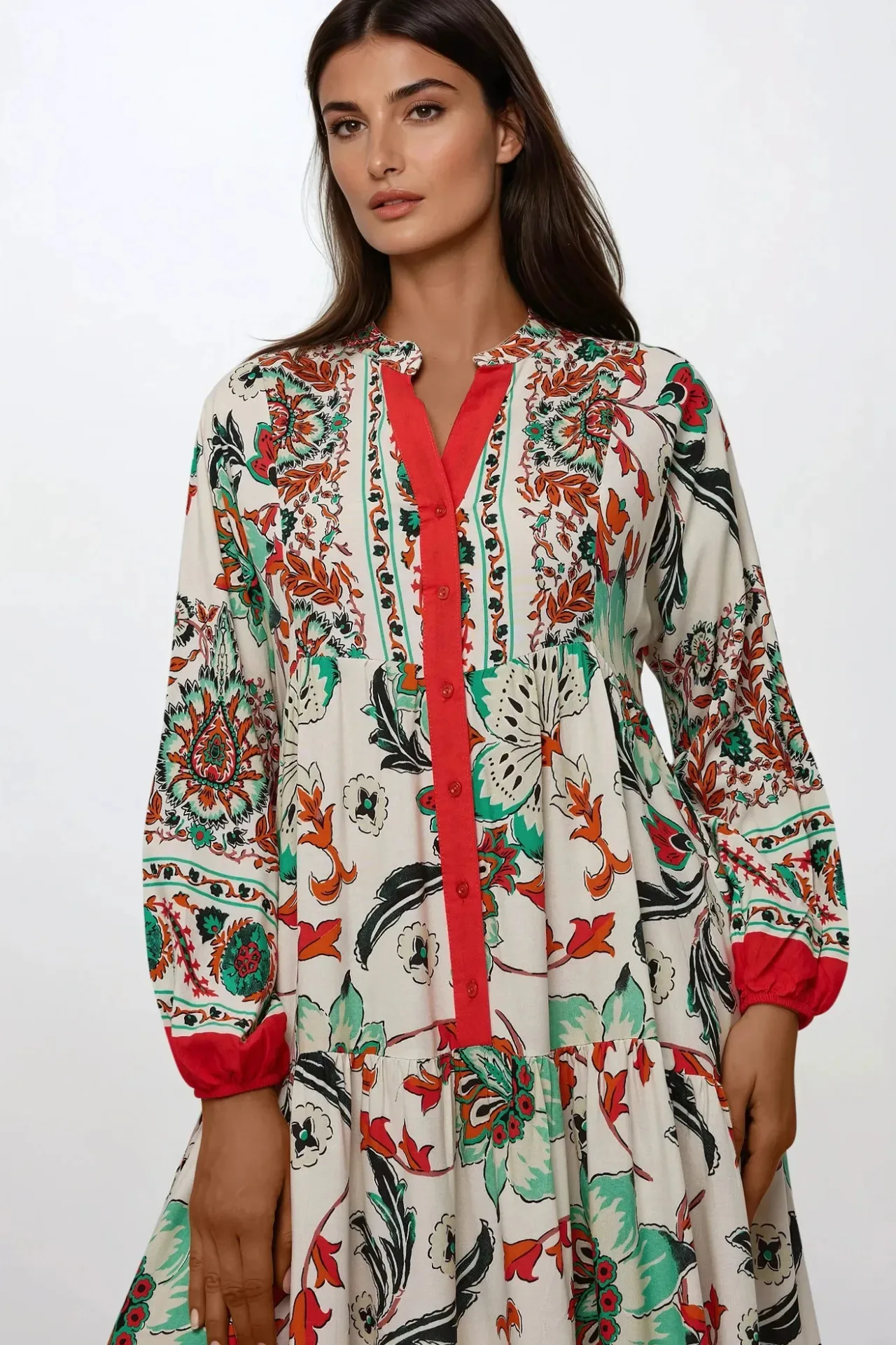 Rochie maxi din viscoza cu maneci lungi - A-forma - confortabila - multicolor - S