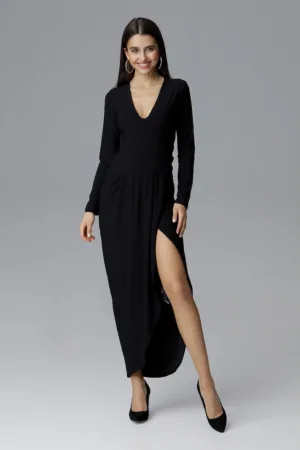 Rochie maxi eleganta neagra - decolteu in V - maneci lungi - poliester -