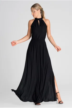 Rochie maxi eleganta neagra - fara maneci - poliester -