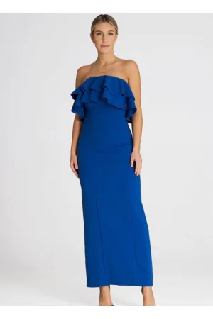 Rochie maxi eleganta - volane duble - albastru - elastan - poliester - viscoza