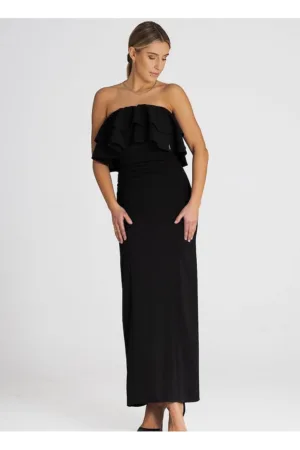 Rochie maxi eleganta - volane duble - negru - elastan - poliester - viscoza
