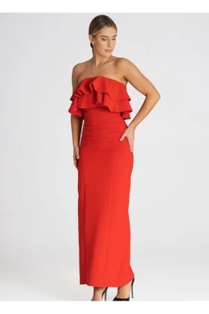 Rochie maxi eleganta - volane duble - rosu - elastan - poliester - viscoza