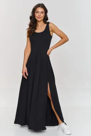 Rochie maxi evazata cu crapatura adanca
