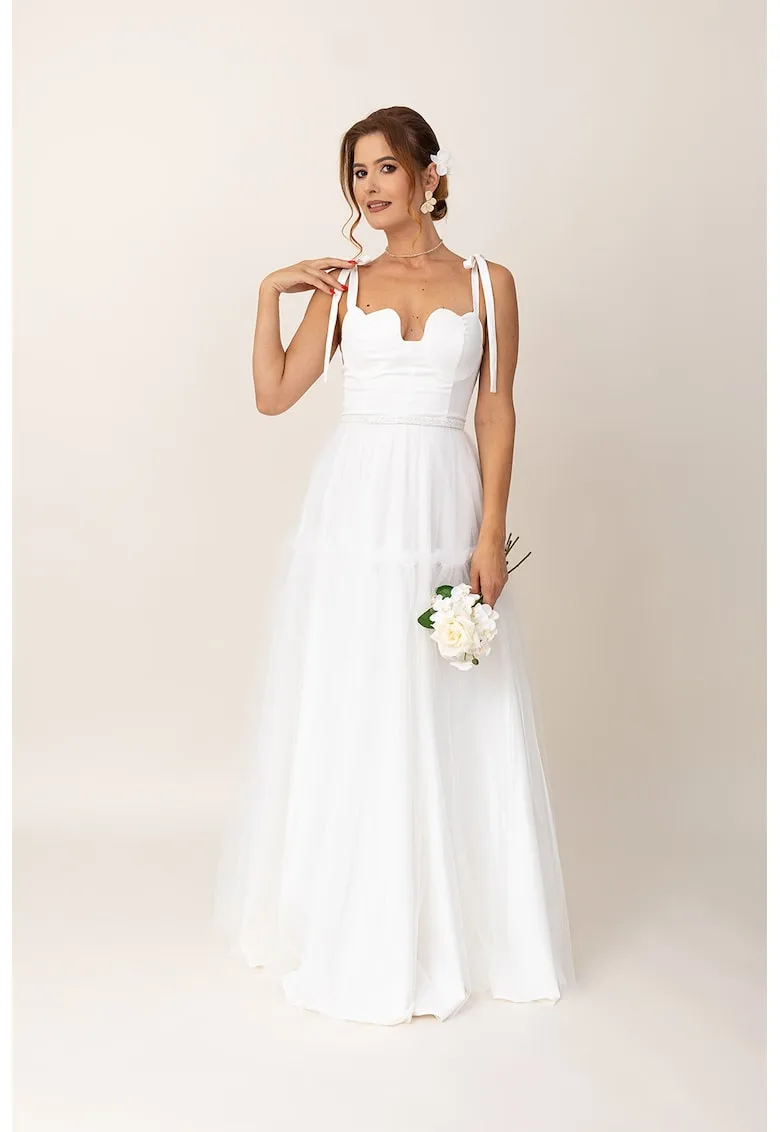 Rochie maxi evazata cu funde pe umeri