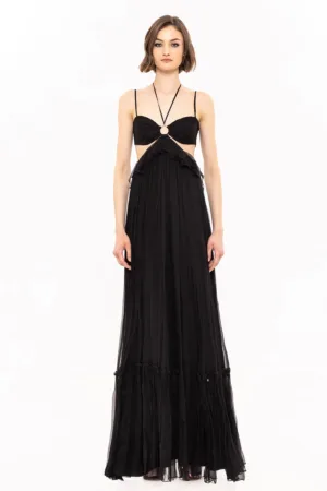 Rochie maxi evazata de matase cu spate decupat