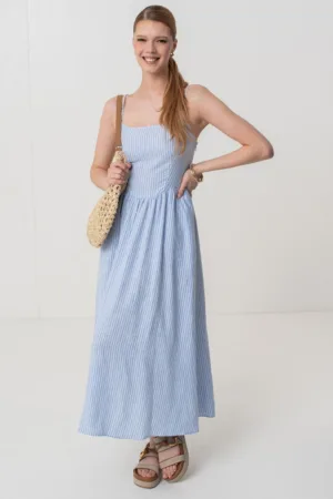 Rochie maxi evazata din amestec de in cu bretele inguste ajustabile