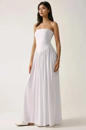 Rochie maxi  fara bretele - alb - jerseu - cu buzunare ascunse