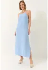 Rochie maxi -  fara bretele - crapatura laterala - albastra - poliester