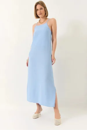 Rochie maxi -  fara bretele - crapatura laterala - albastra - poliester