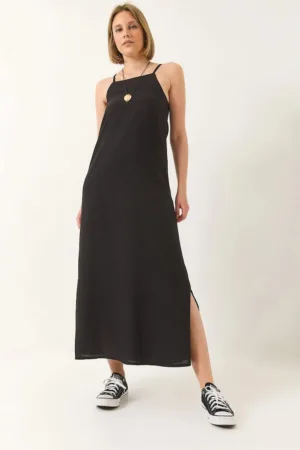 Rochie maxi -  fara bretele - crapatura laterala - negru - poliester