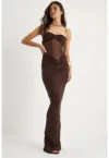 Rochie maxi  fara bretele cu volane - maro - poliester-elastan