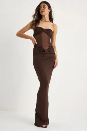 Rochie maxi  fara bretele cu volane - maro - poliester-elastan