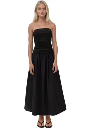 Rochie maxi - fara bretele - detaliu volan - neagra - textil