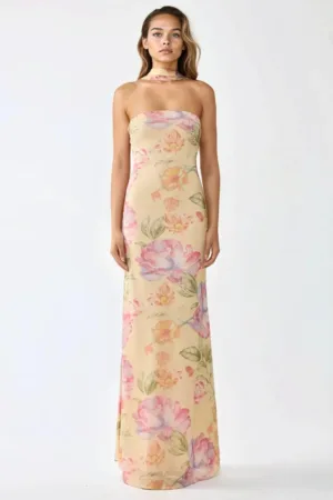 Rochie maxi - fara bretele - imprimeu floral - multicolor - tul