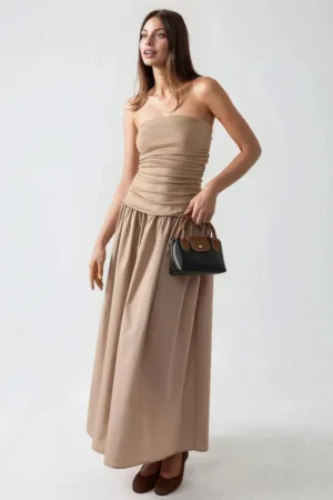 Rochie maxi -  fara bretele - maro - textil