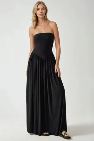 Rochie maxi  fara bretele - neagra - jerseu - cu buzunare ascunse