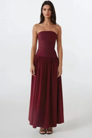 Rochie maxi  fara bretele - volan - rosu - textil