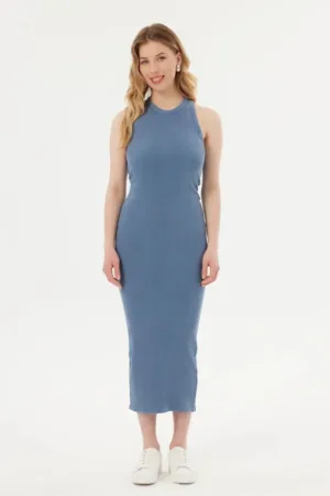 Rochie maxi -  fara maneci - guler rotund - albastra - textil