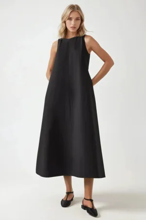 Rochie maxi -  fara maneci - guler rotund - neagra - textil