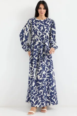 Rochie maxi - floral - albastru - poliester