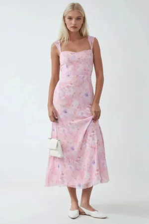 Rochie maxi - florala - guler in forma de inima - roz aprins - textil