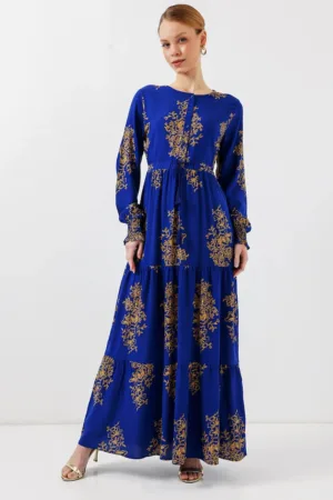 Rochie maxi - florala - guler rotund - albastru - textil -