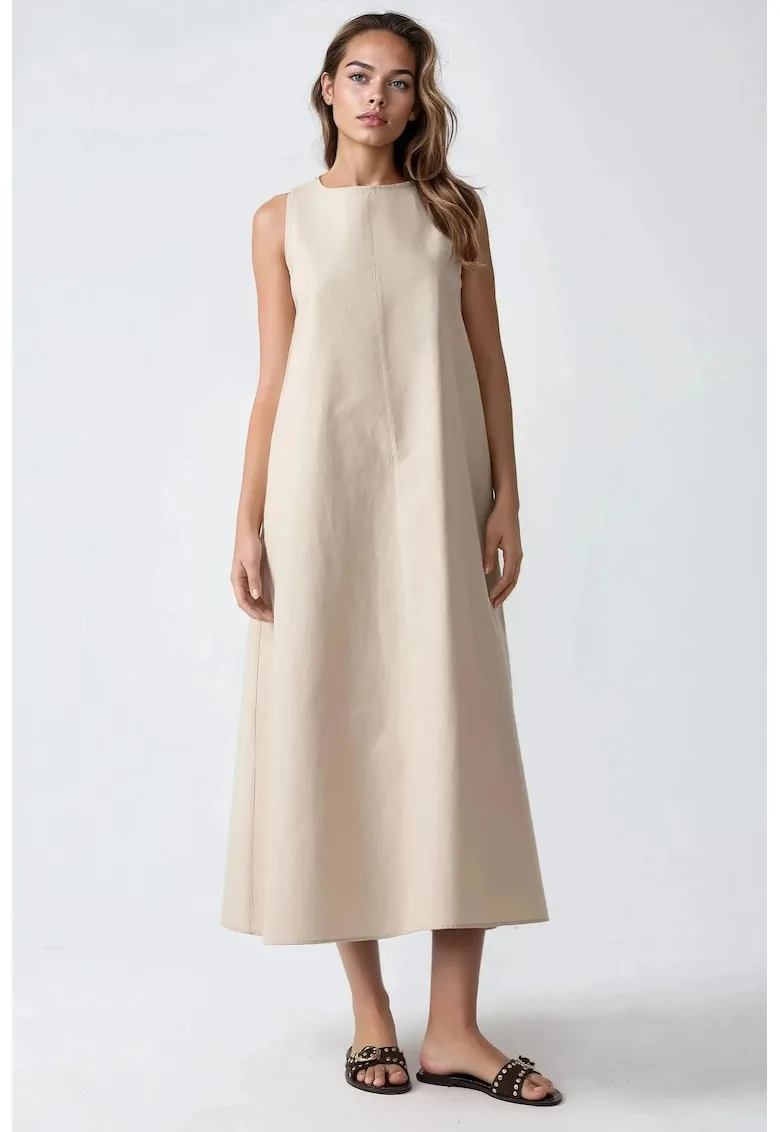 Rochie maxi - forma de A - bej - fara maneci - decolteu rotund - textil