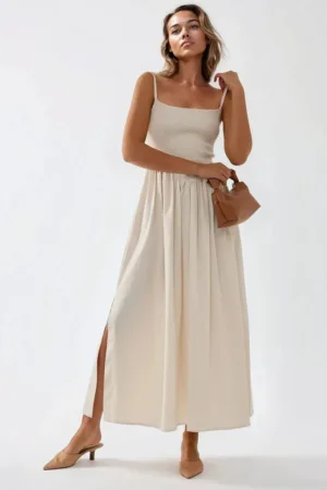 Rochie maxi -  forma de A - decolteu patrat - bej - textil