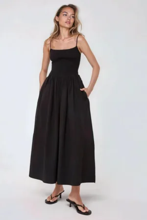 Rochie maxi -  forma de A - guler patrat - neagra - textil
