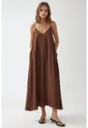Rochie maxi -  forma de A - maro - textil