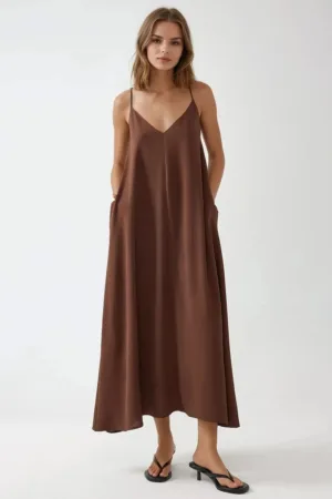 Rochie maxi -  forma de A - maro - textil