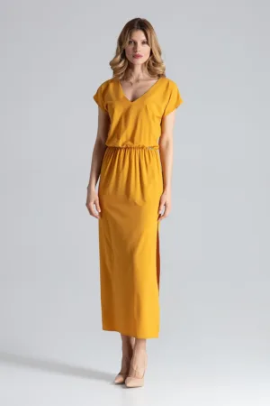 Rochie maxi galbena - eleganta - cu fanta - perfecta pentru vara - poliester