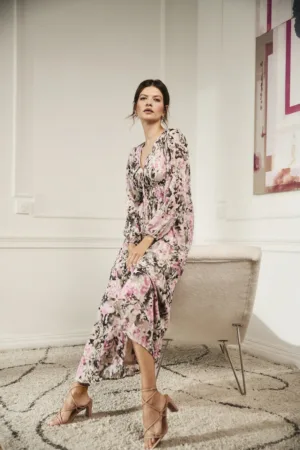 Rochie maxi gri cu model floral