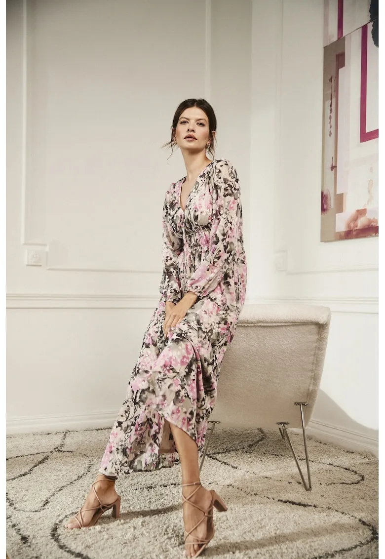 Rochie maxi gri cu model floral