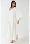 Rochie maxi -  guler asimetric - umeri goi - alb - textil