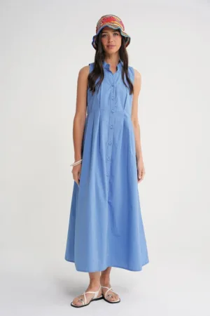 Rochie maxi  guler cu nasturi - albastru - textil