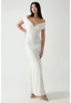 Rochie maxi -  guler in forma de inima - design texturat - alb