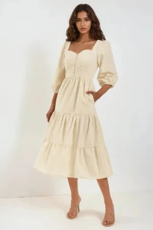 Rochie maxi  guler inima - brodata - bej - material textil