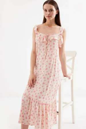 Rochie maxi  guler patrat - detalii cu volane - roz - viscoza