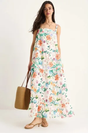 Rochie maxi - guler patrat - flori - multicolor - poliester