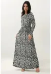 Rochie maxi  guler rotund - imprimeu floral - maneci lungi - negru - jerseu
