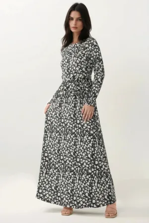 Rochie maxi  guler rotund - imprimeu floral - maneci lungi - negru - jerseu