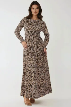 Rochie maxi -  guler rotund - imprimeu - maro