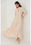 Rochie maxi  guler rotund - maneci lungi - bej - textil