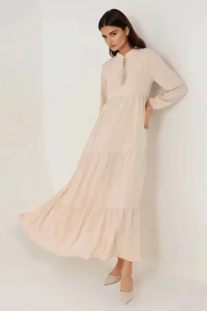 Rochie maxi  guler rotund - maneci lungi - bej - textil