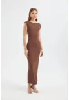 Rochie maxi -  guler rotund - spate fara maneci - maro - jerseu