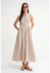 Rochie maxi -  guler tippet - cu nasturi - bej - textil